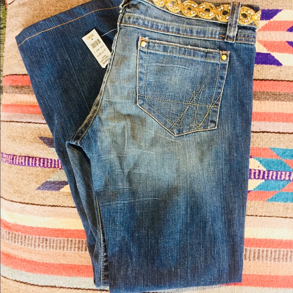 NWT Cache Denim Jeans Size 10 Gold Beaded Embellis